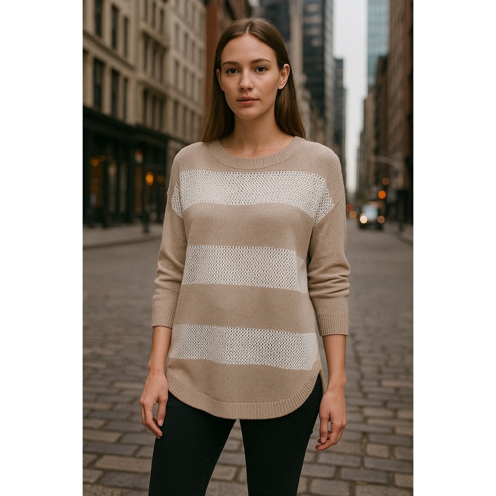 Express Women's Small Beige /White Striped‎ Sweater Open Weave Pullover Neutral
